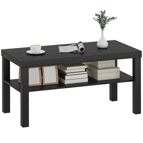 2 Tier Coffee Table, Rectangular Center Table with Storage Shelf, Black