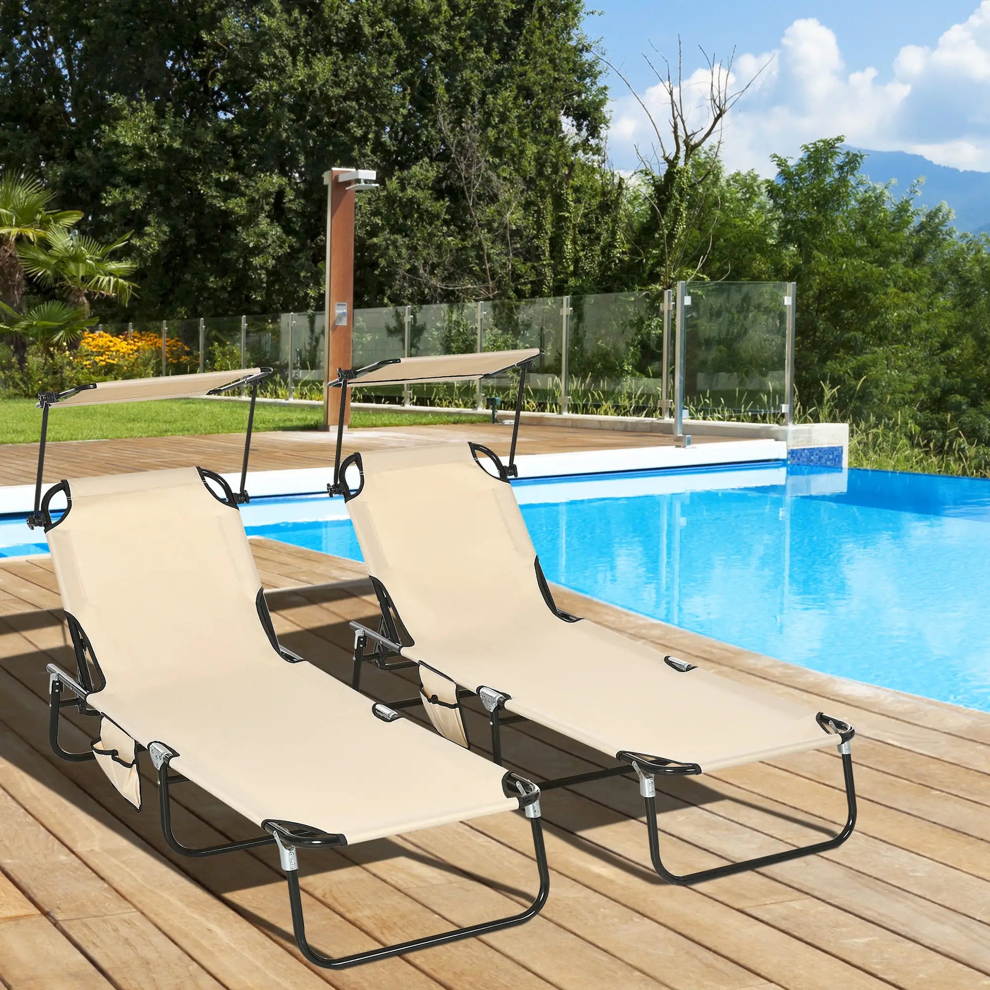 2 Piece Folding Chaise Lounges, Reclining Back, Sunshade, Pool, Beach, Patio Lounger Chairs at Gallery Canada