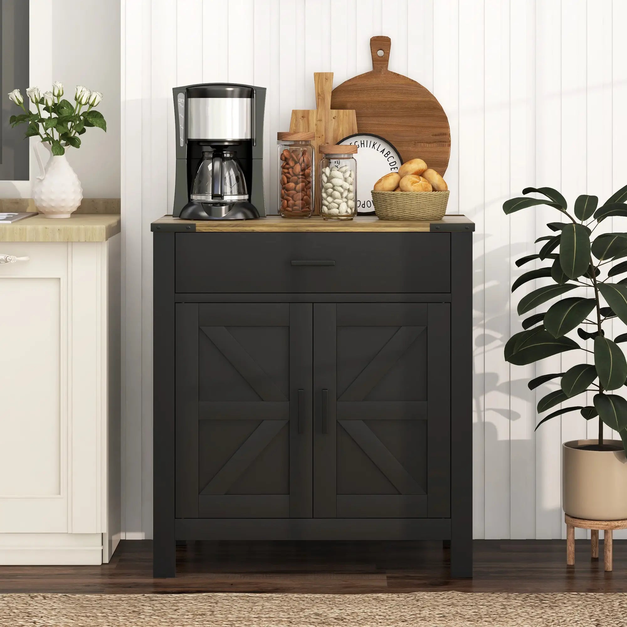 Farmhouse Buffet Cabinet, 1 Drawer, Storage Cabinet, Adjustable Shelf, Black Bar Cabinets at Gallery Canada