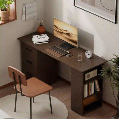 55 Inch Computer Desk, 3-Tier Shelves, 3 Reversible Drawers, Walnut Computer Desks at Gallery Canada