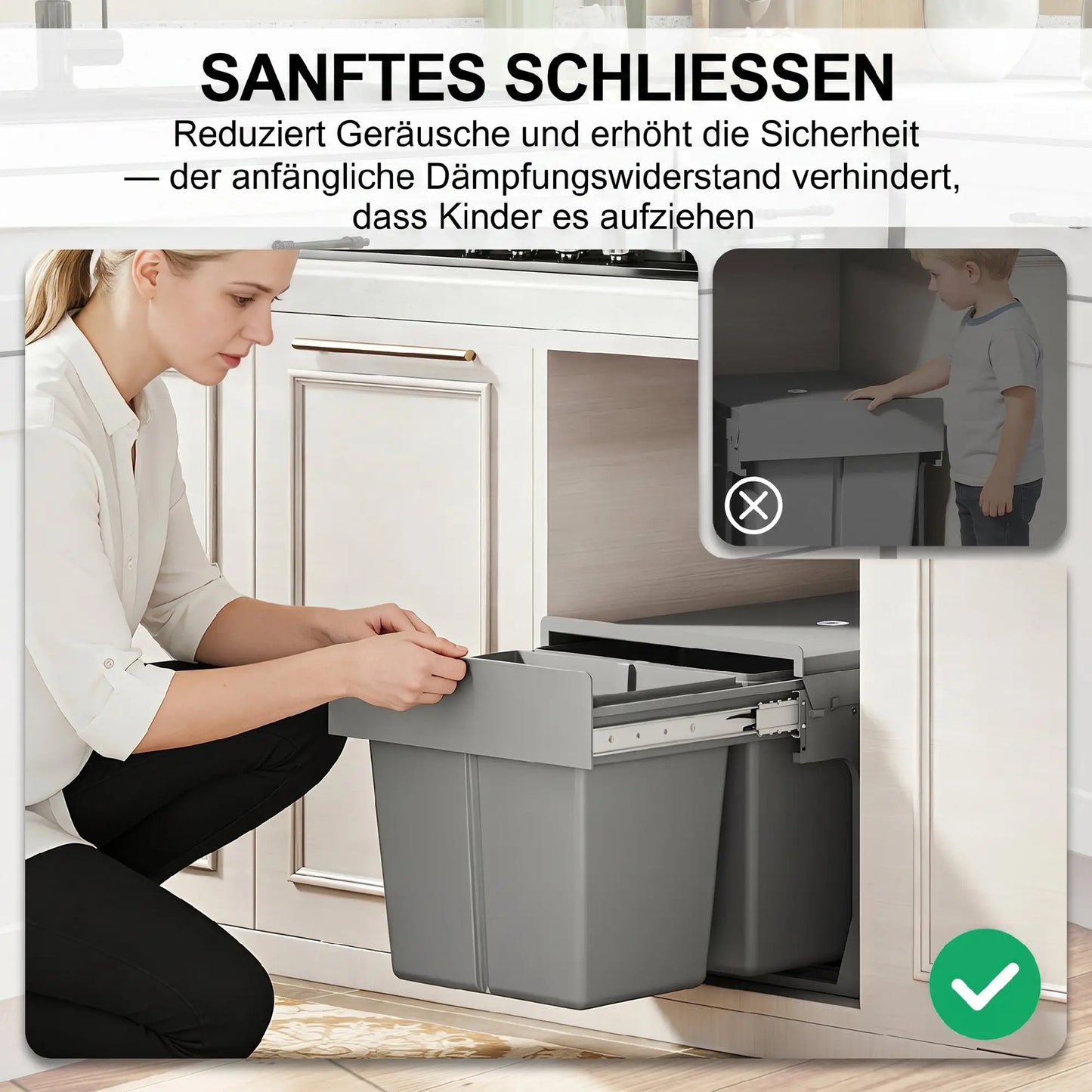 Tiroir à déchets, poubelle sous évier, 2 compartiments, 4 gallons chacun, gris clair, gris clair