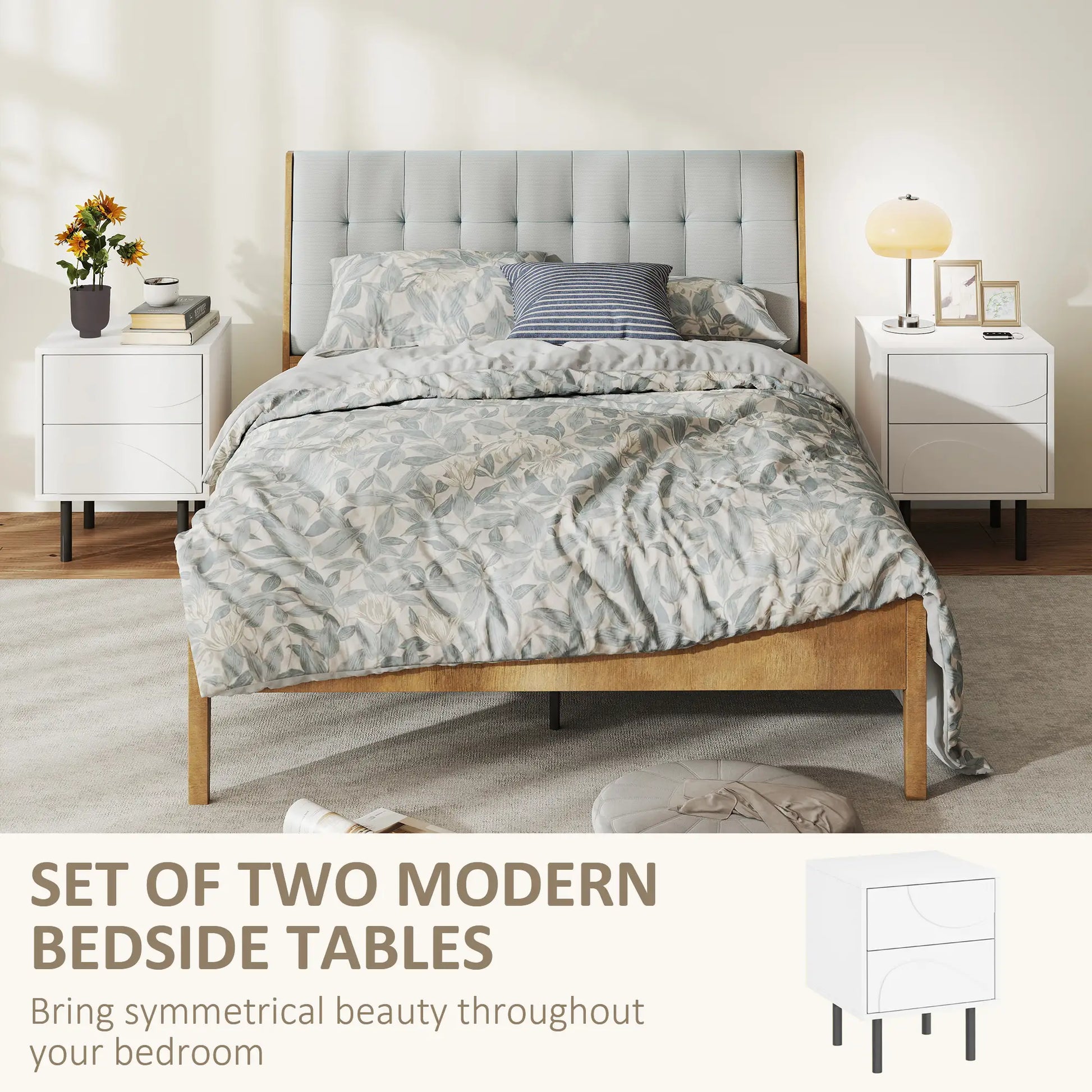 Modern Nightstand Set of 2, Push-to-Open Drawers, Steel Legs, White Bedside Tables at Gallery Canada