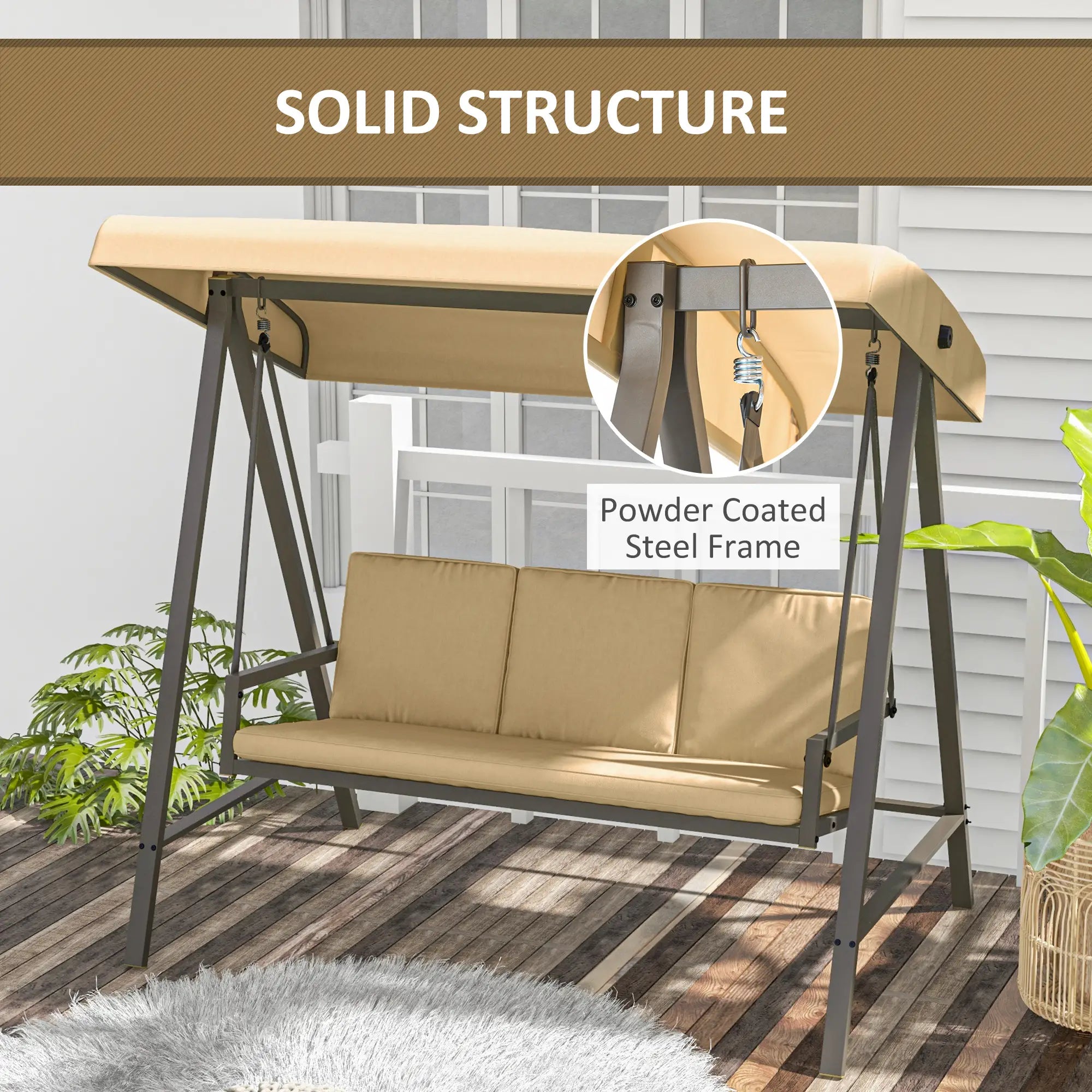 3 Seater Patio Swing Chair, Adjustable Canopy, Removable Cushions, Beige Patio Swings with Stand at Gallery Canada