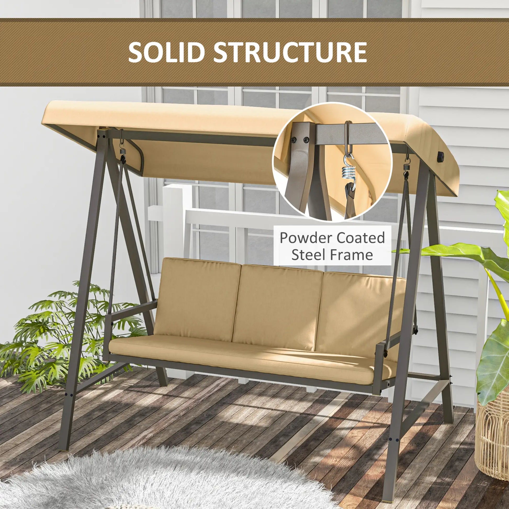 3 Seater Patio Swing Chair, Adjustable Canopy, Removable Cushions, Beige Patio Swings with Stand at Gallery Canada