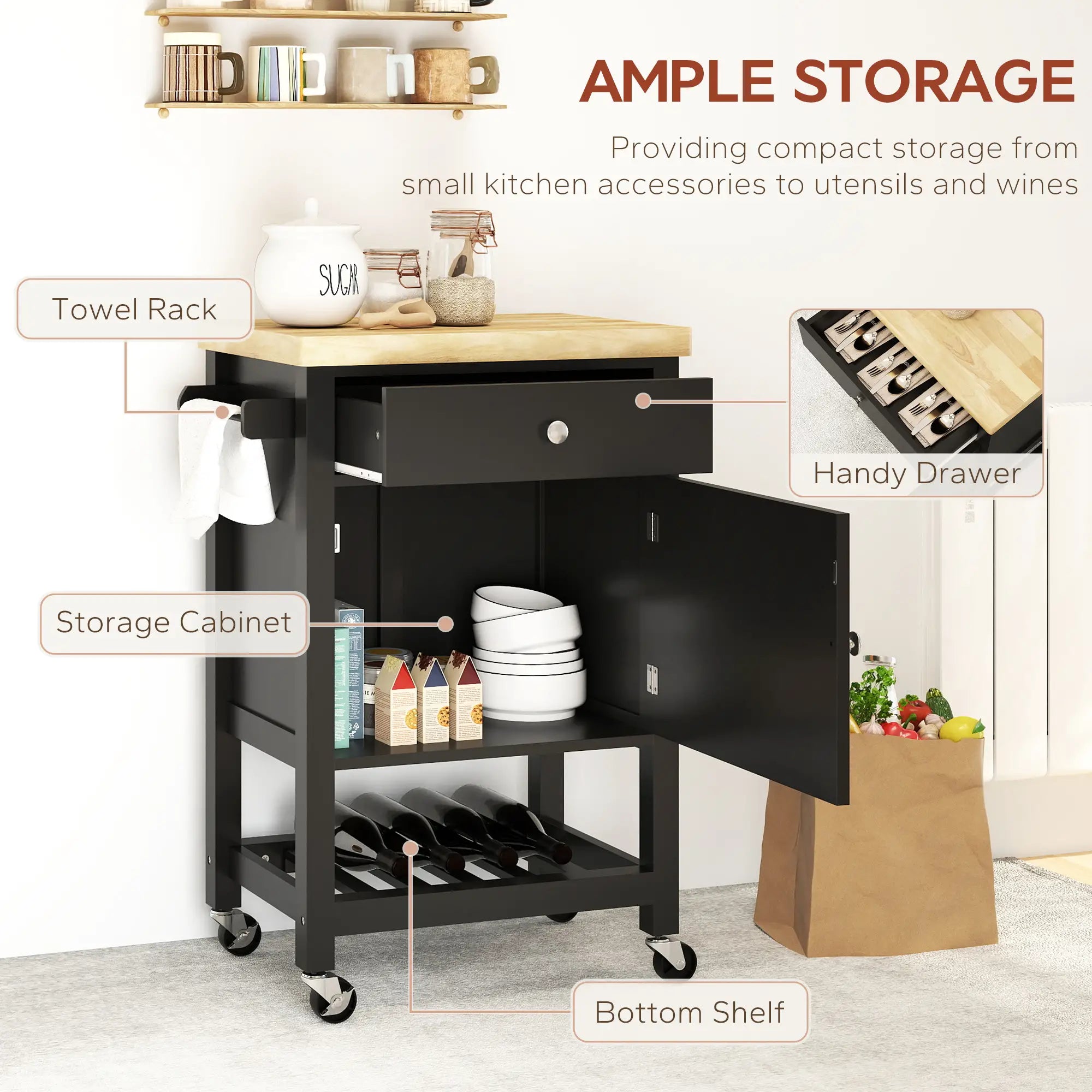 Rolling Kitchen Cart, Wood Top with Towel Rack, Drawer, Shelf, Black Kitchen Islands & Kitchen Carts at Gallery Canada