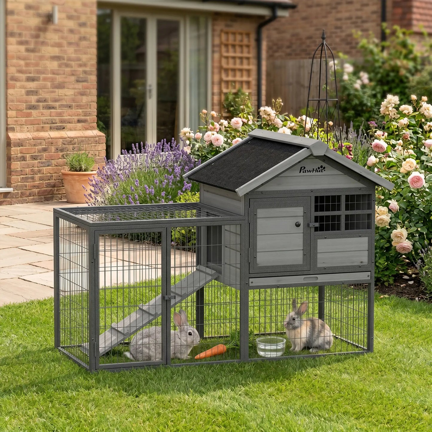 48"L Large Wooden Rabbit Hutch Outdoor, Grey