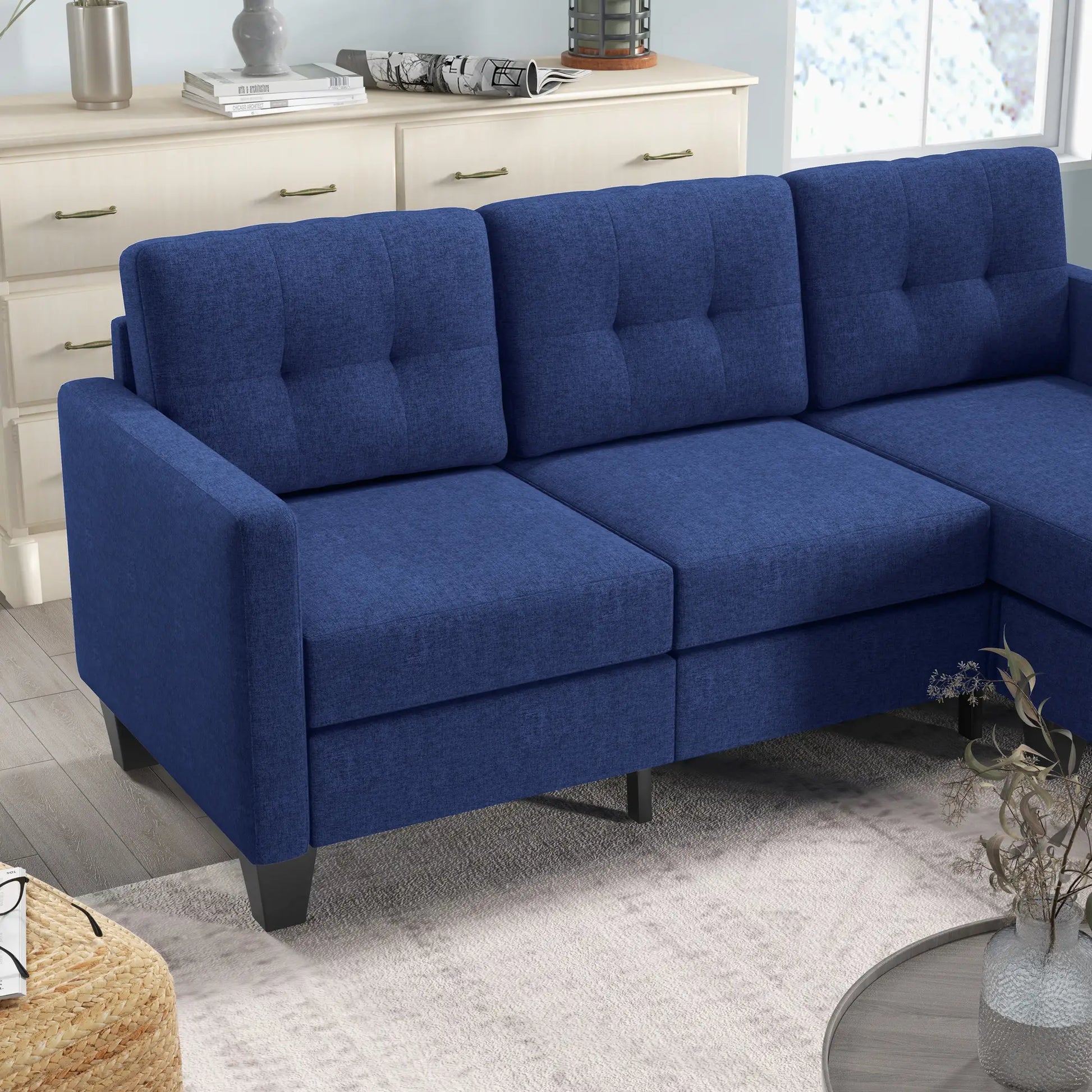 L-shaped Sofa, 3 Seater Sectional Couch with Ottoman, Corner Sofa with Thick Padded Cushion and Wood Legs, Dark Blue 3-Seater Sofas at Gallery Canada