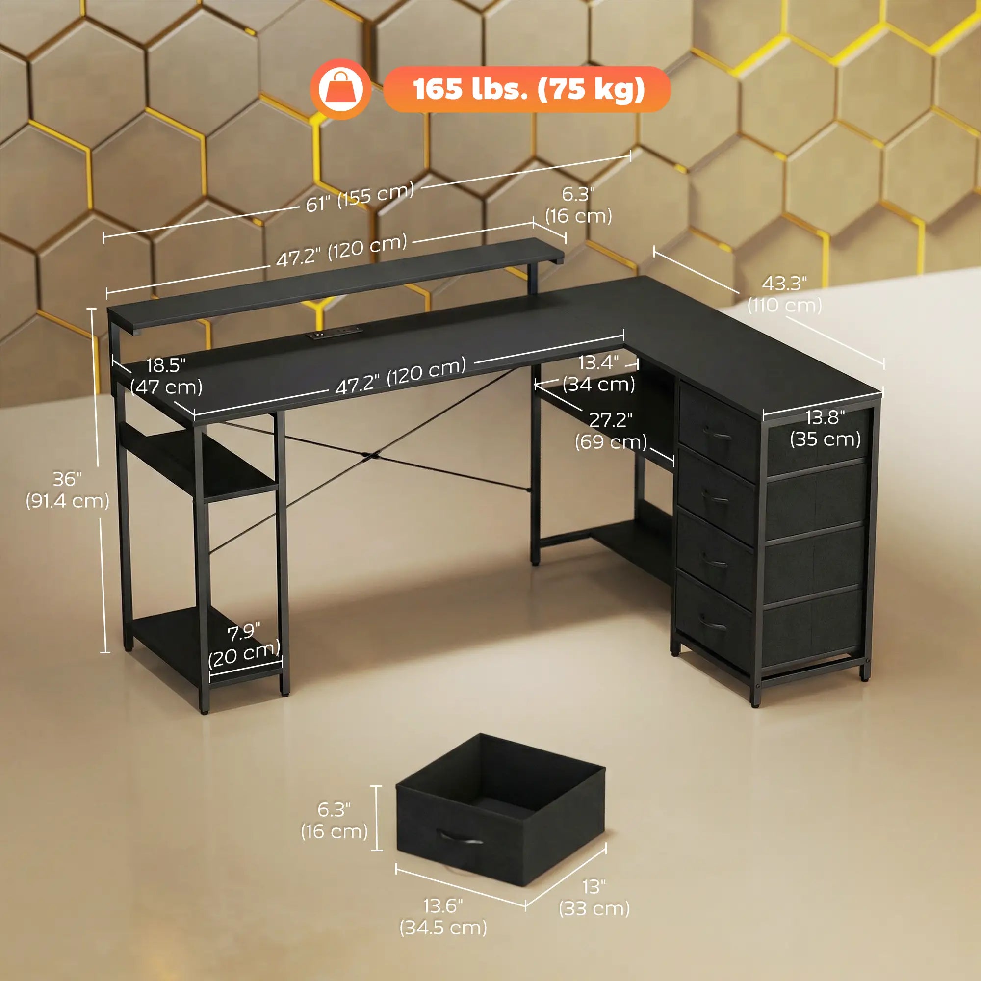 Gaming Desk With Power Outlets, LED Lights, Drawers, Monitor Stand, 61