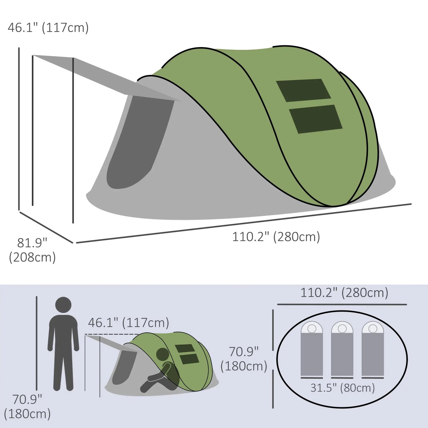 Pop Up Tent with Porch, 3000mm Waterproof, 2-3 Person, Green Camping Tents at Gallery Canada