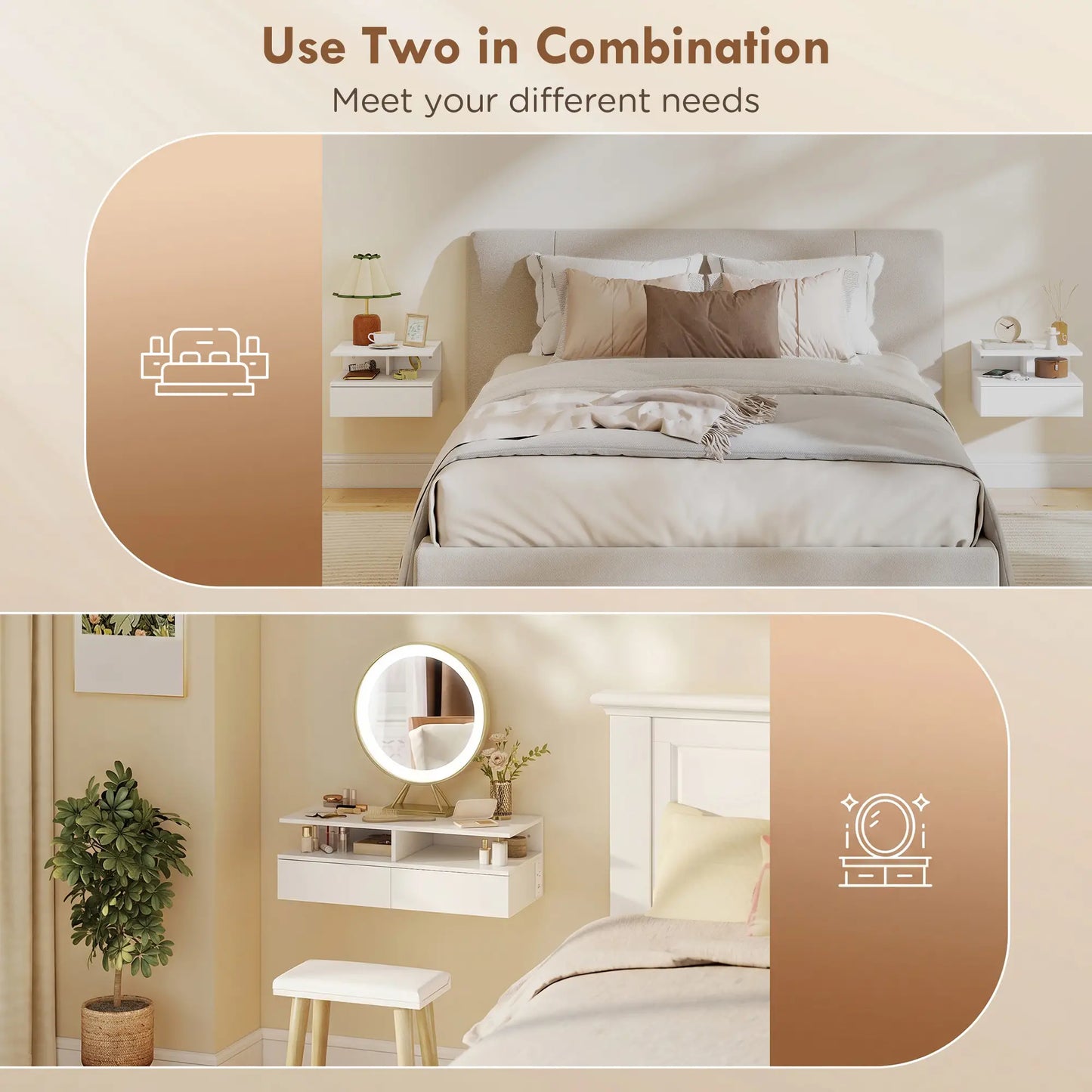 Floating Nightstand Set of 2, Wall Mounted Bedside Table with with Power Outlets, Drawer and Shelf, White Bedside Tables at Gallery Canada