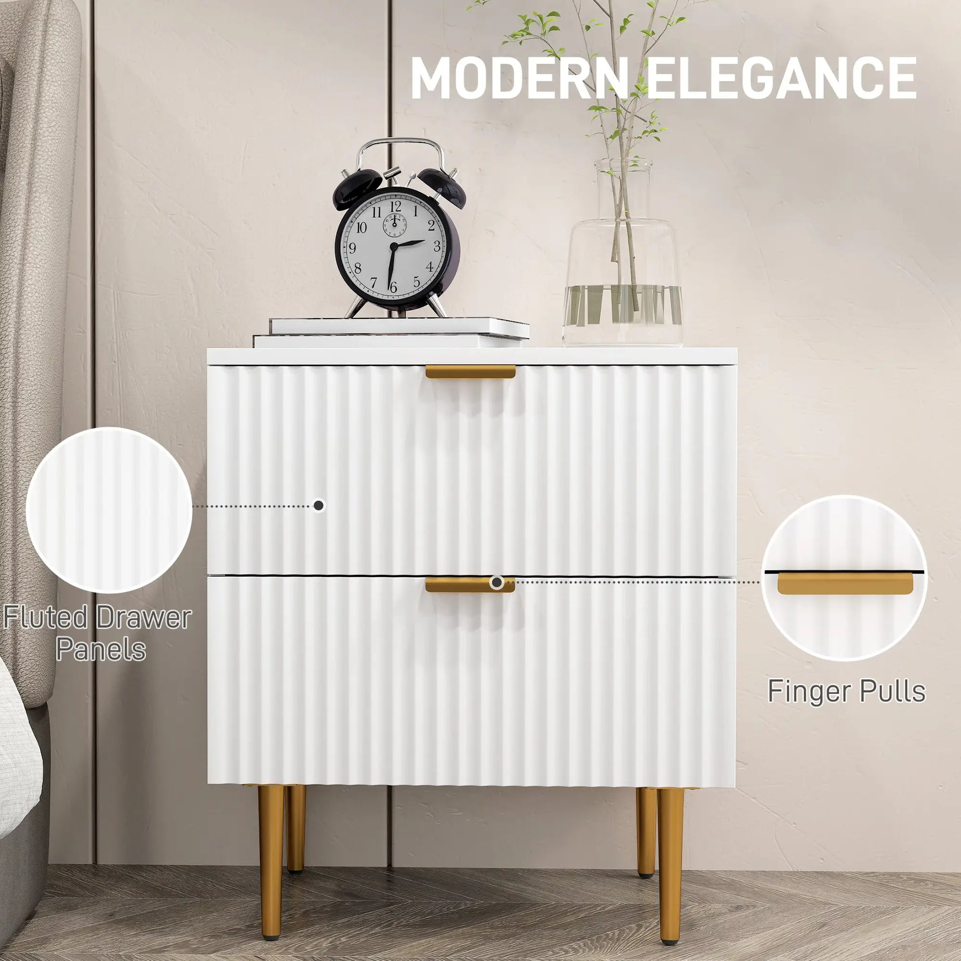 Bedside Table, Modern Nightstand with 2 Drawers, Side End Table with Metal Legs for Living Room, Bedroom, White Bedside Tables at Gallery Canada