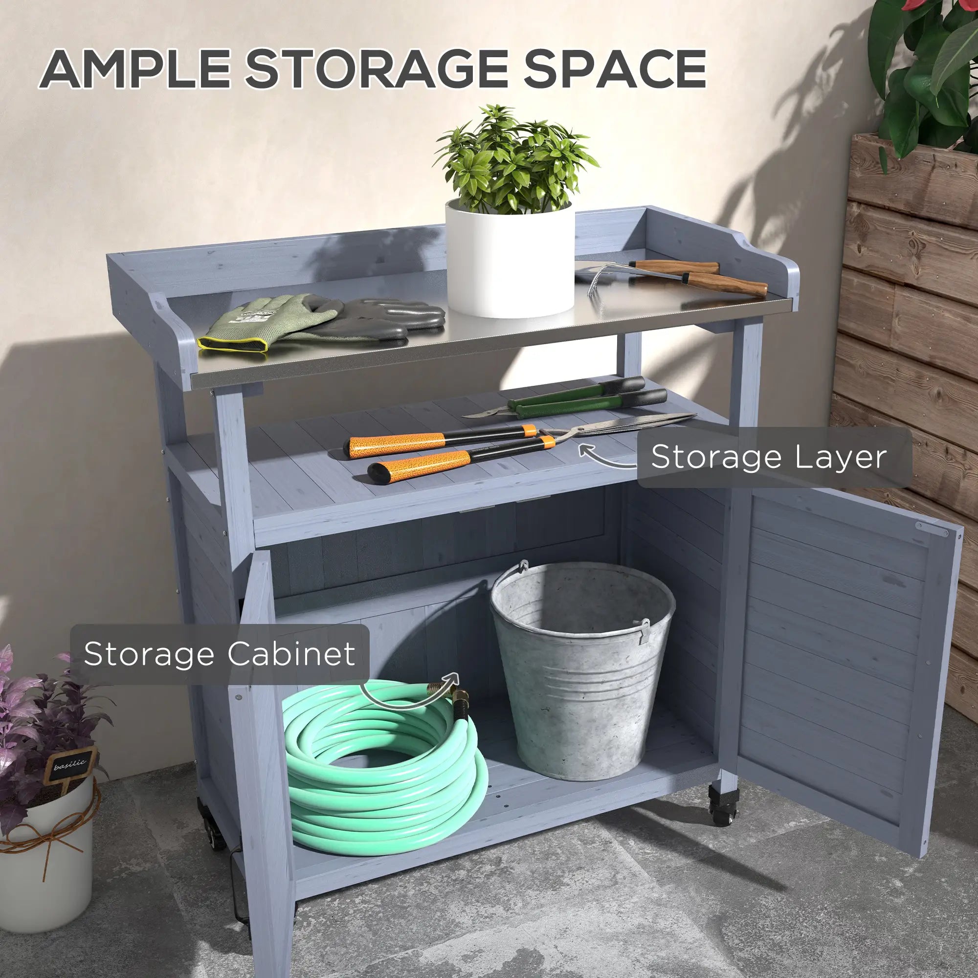 Outdoor Wooden Potting Bench, Storage Cabinet, Aluminum Tabletop, Grey Potting Benches & Tables at Gallery Canada