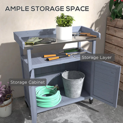 Outdoor Wooden Potting Bench, Storage Cabinet, Aluminum Tabletop, Grey Potting Benches & Tables at Gallery Canada