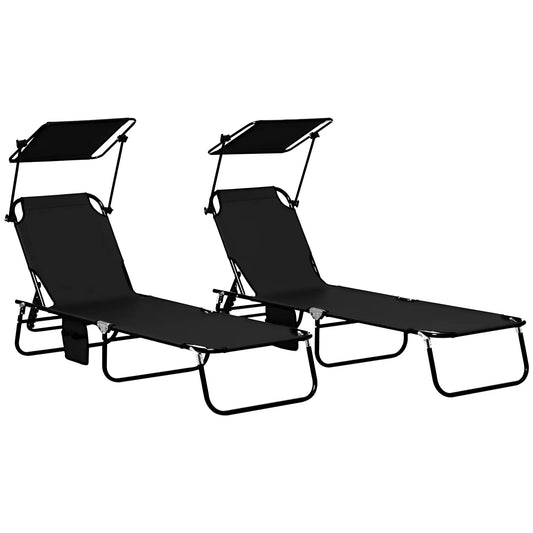 2 Piece Folding Chaise Lounges, Reclining Back, Sunshade, Black Lounger Chairs Black Fabric, Black Matte Frame at Gallery Canada
