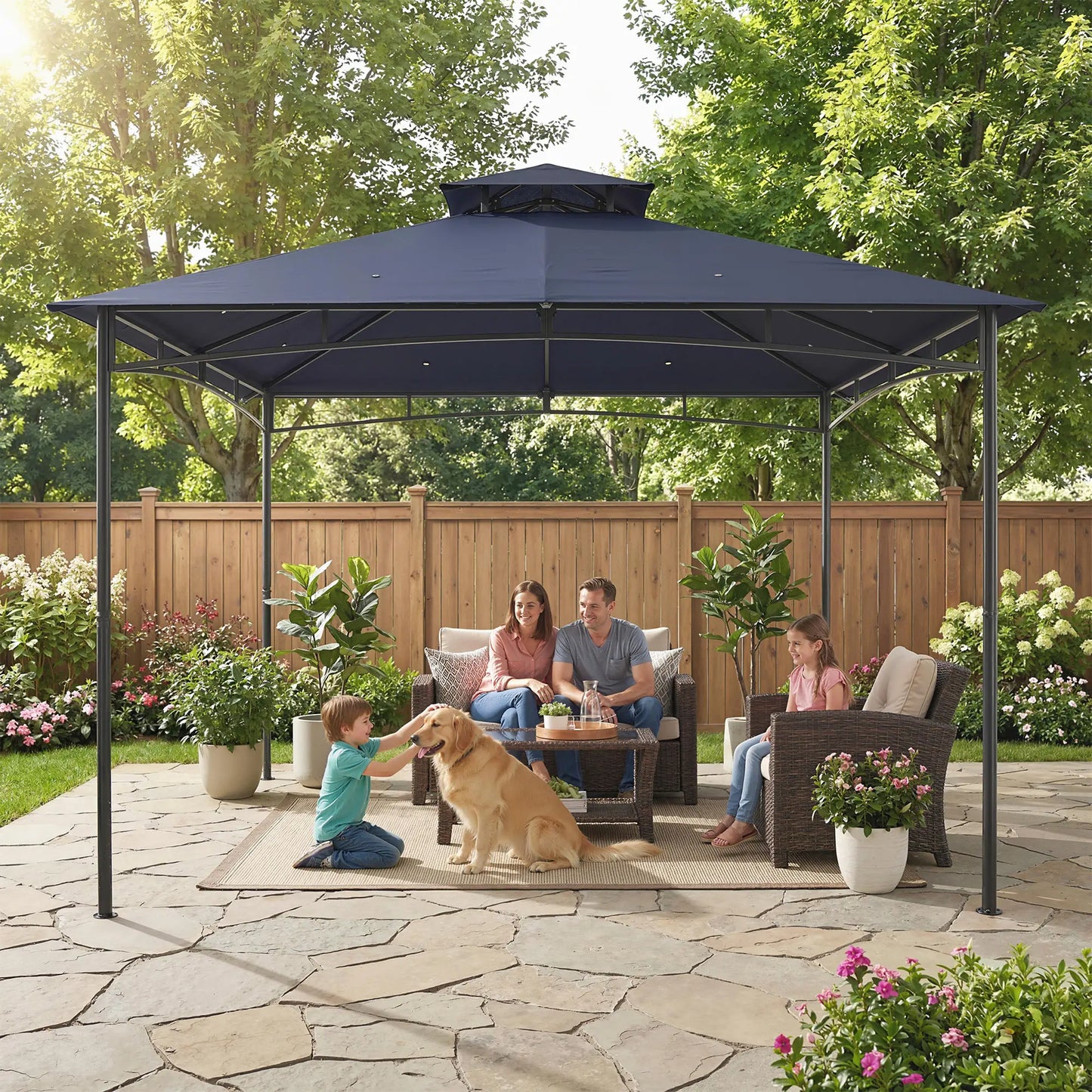 10' x 10' Gazebo, Soft Top, 2-Tier Roof, Metal Frame, Navy Blue Gazebos at Gallery Canada