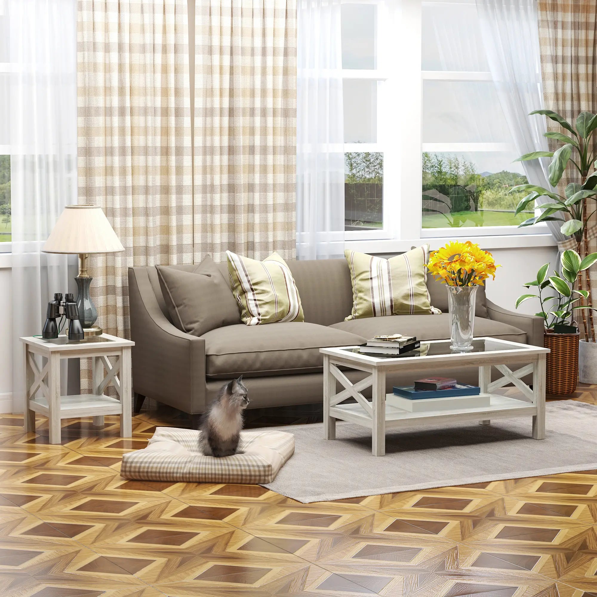 Farmhouse Coffee Table, Tempered Glass Top, 2-Tier with Storage Shelf Coffee Tables at Gallery Canada