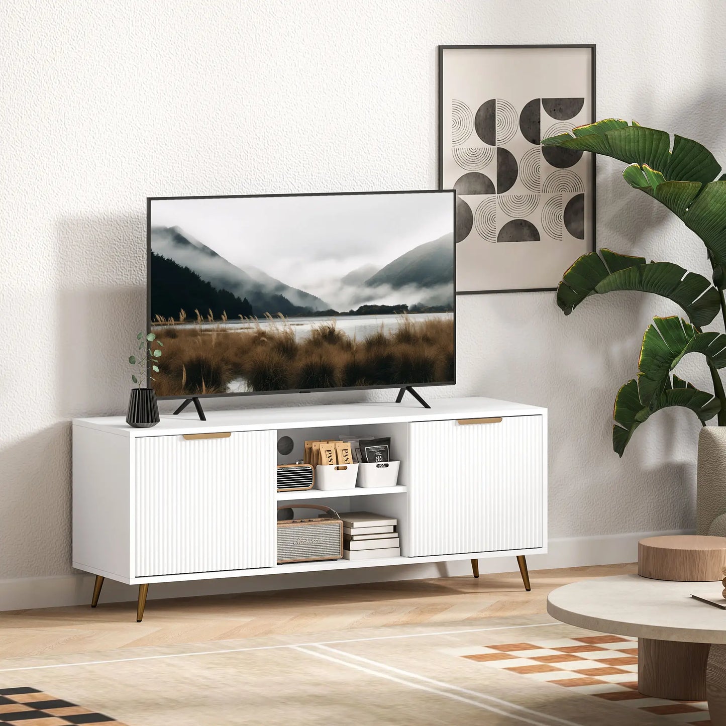 TV Stand for 55 Inch TV, Modern Cabinet with 2 Shelves, 2 Cabinets, White TV Stands at Gallery Canada