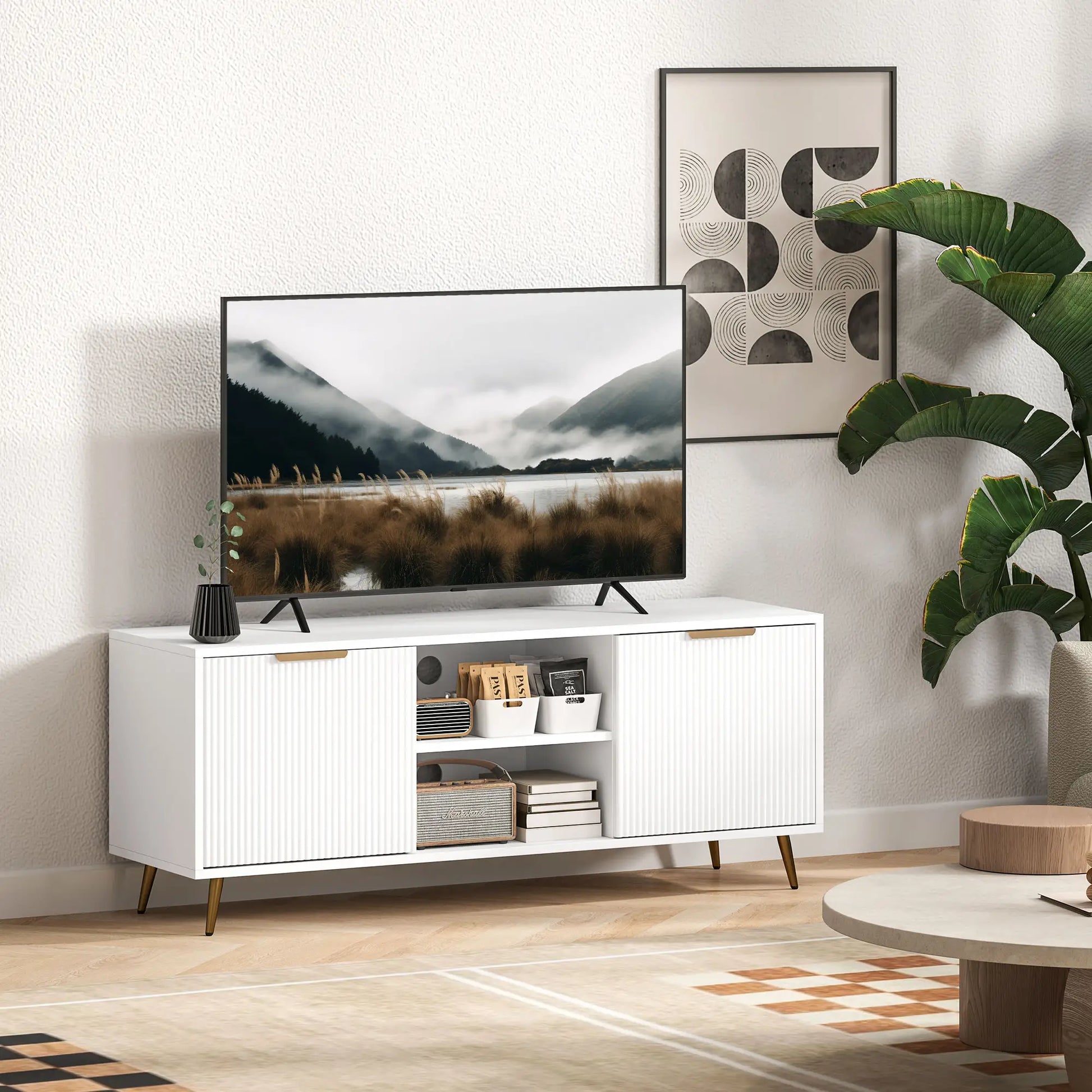 TV Stand for 55 Inch TV, Modern Cabinet with 2 Shelves, 2 Cabinets, White TV Stands at Gallery Canada