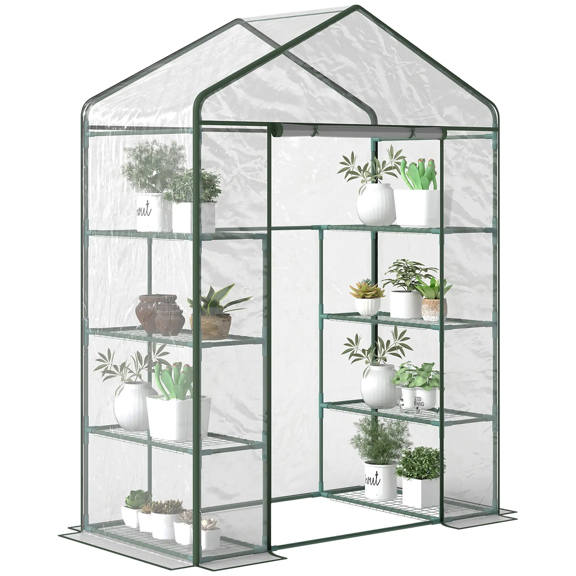 56” x 29” x 77” Walk-In Greenhouse, 4 Tier Shelves, Roll Up Door, Transparent Walk In Greenhouses Deep Green Frame, Transparent Cover at Gallery Canada