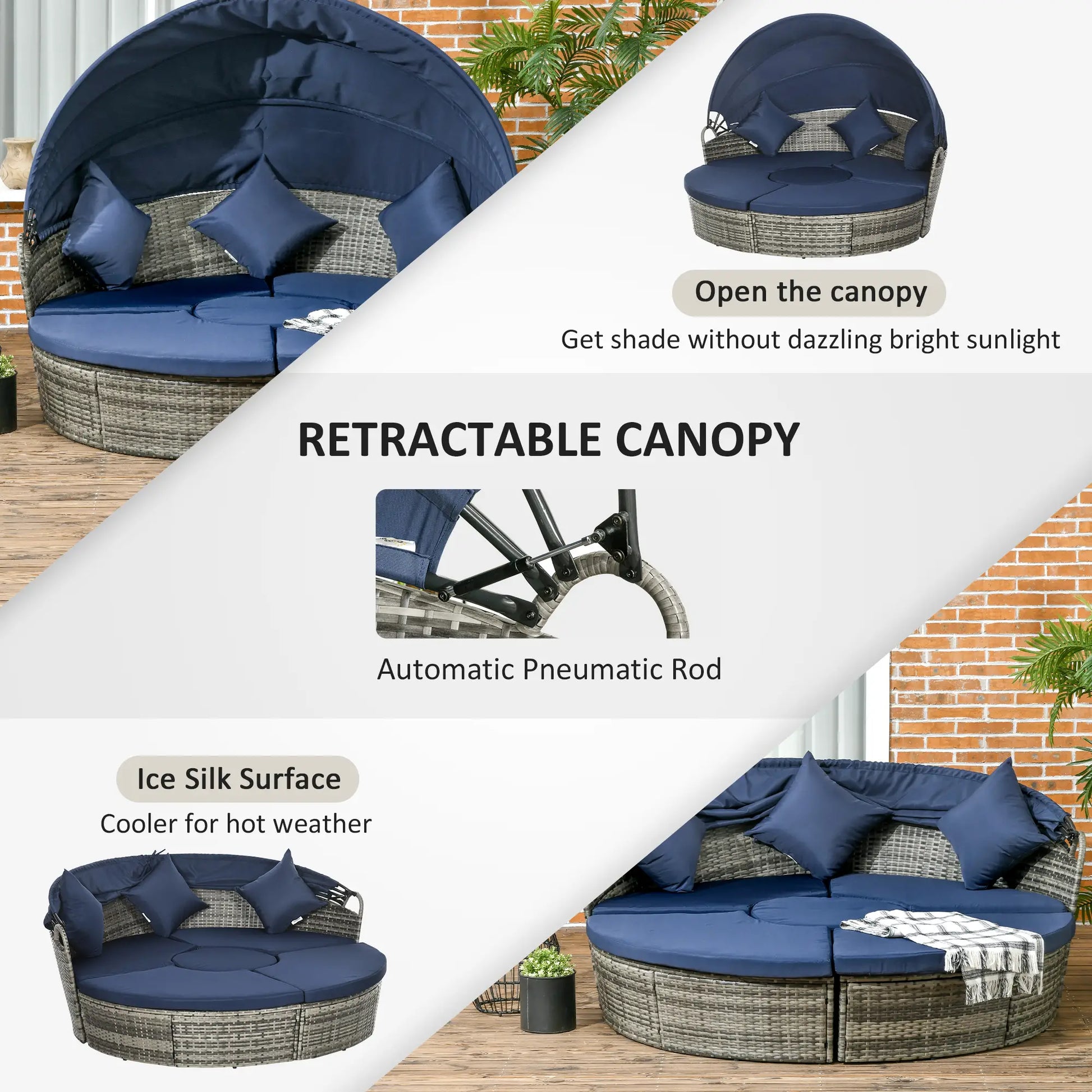 Outdoor Daybed with Retractable Canopy, PE Rattan Wicker Round Sofa, Dark Blue Daybeds at Gallery Canada