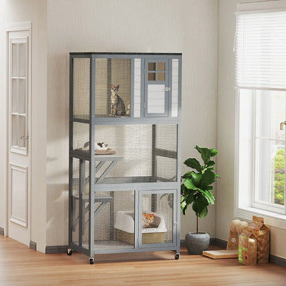 74" Wooden Outdoor Cat House, Weatherproof, Wheeled, Light Grey Outdoor Cat Enclosures at Gallery Canada