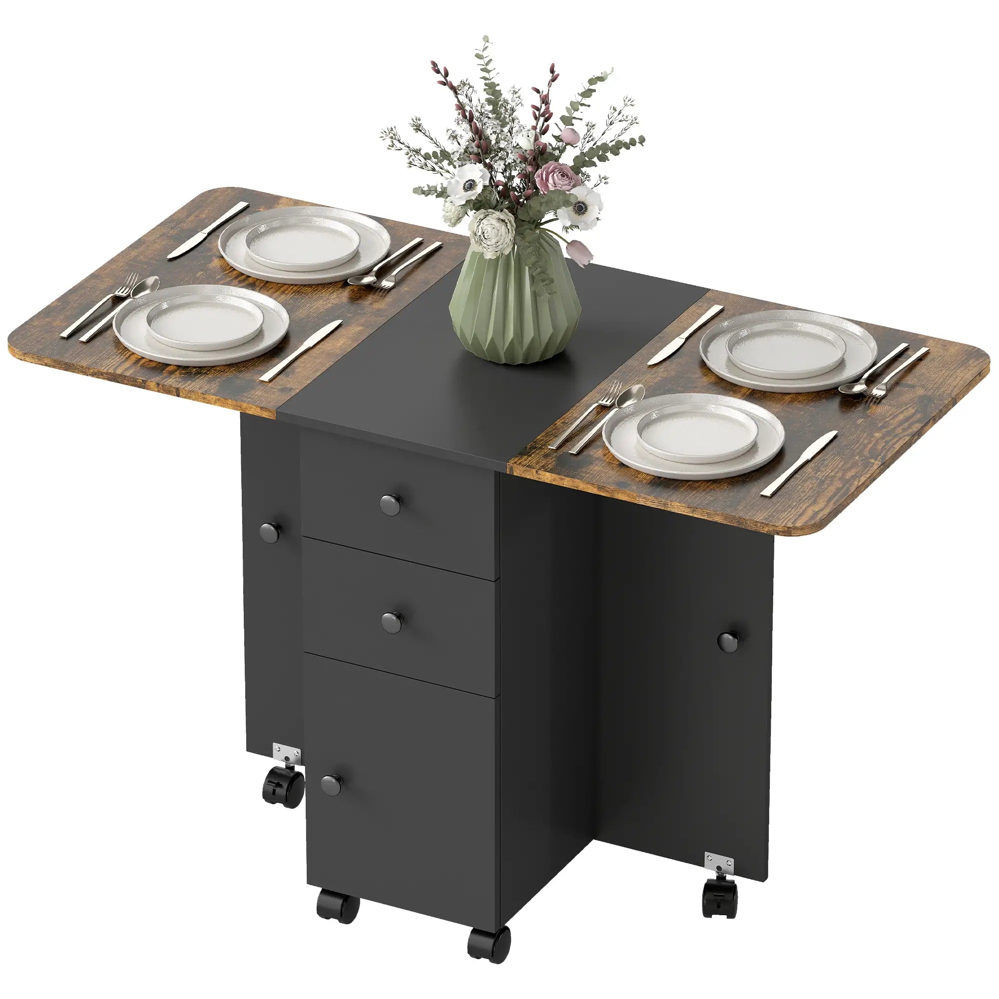 Drop Leaf Dining Table On Wheels With Drawers, Rustic Brown And Black, Brown, Black Dining Tables Rustic Brown, Black at Gallery Canada