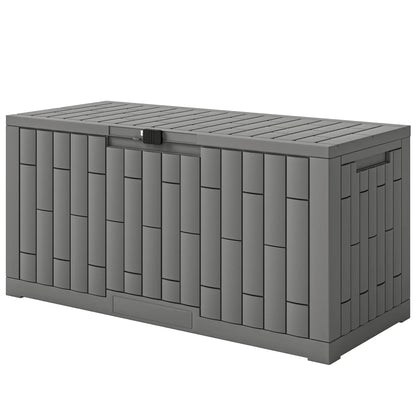 80 Gallon Resin Deck Box, Lockable Outdoor Storage, Splash And UV Resistant Patio Storage Boxes Grey Wood Effect at Gallery Canada