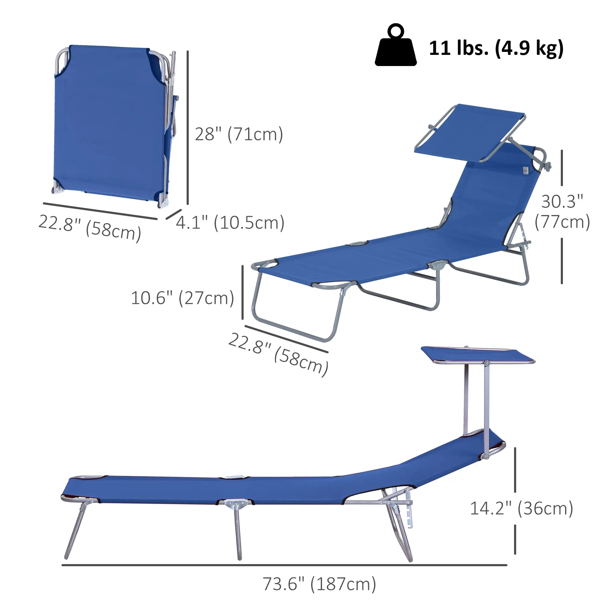 Outdoor Lounge Chair, Adjustable Folding Chaise, Tanning Chair with Shade, Blue Lounger Chairs at Gallery Canada