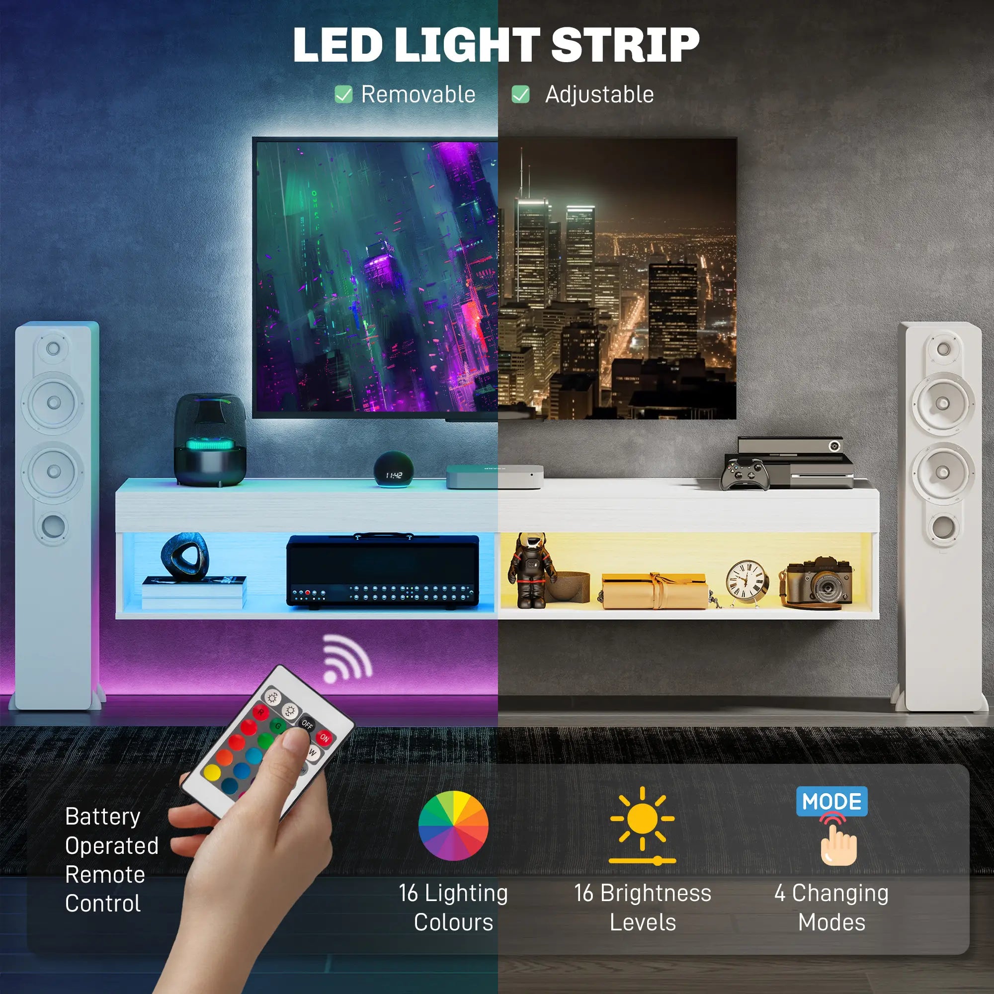 Wall Mounted TV Stand With Storage, LED Lights, For TVs Up To 75