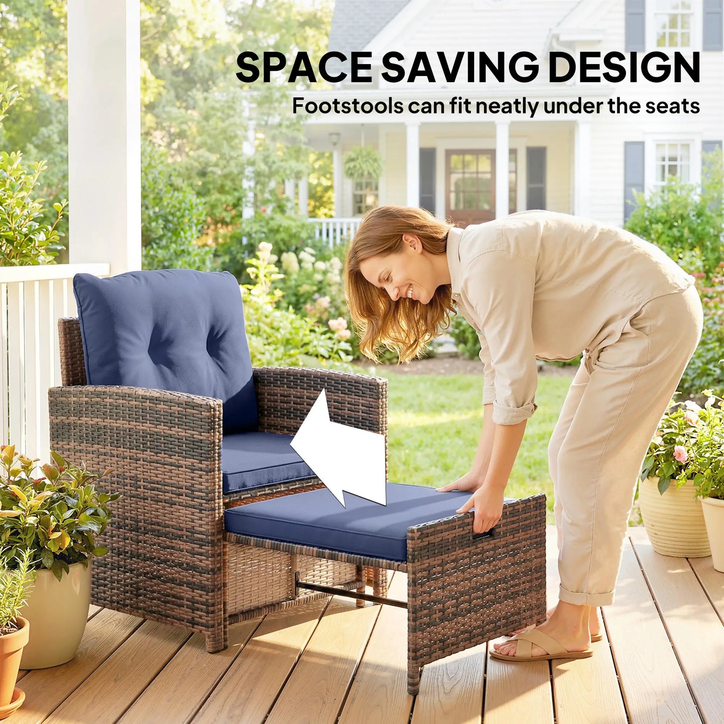 5 Piece Patio Set, Wicker Chairs With Ottomans, Glass Coffee Table, Brown/Dark Blue Patio Furniture Sets at Gallery Canada