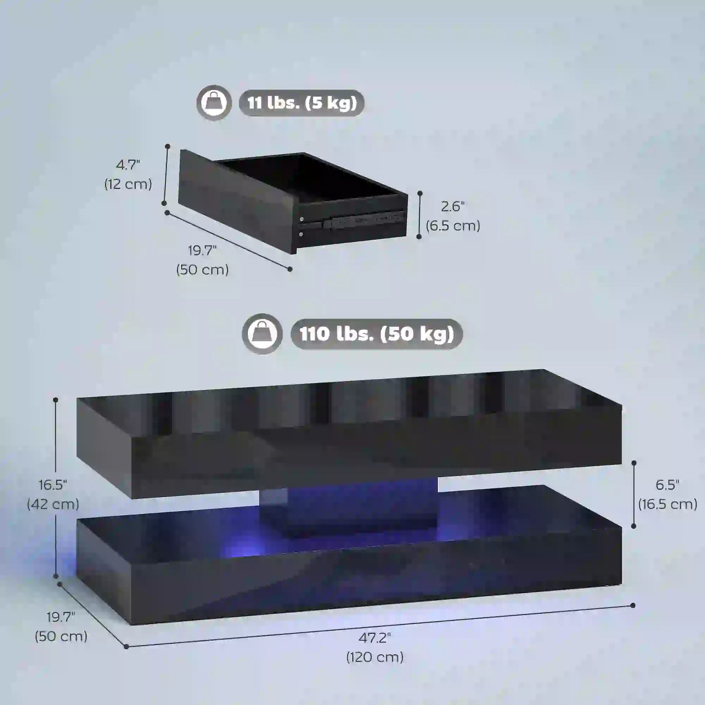 Adjustable LED Coffee Table, Modern Living Room Table, 2 Drawers, Open Shelf, Remote, High Gloss Black Coffee Tables at Gallery Canada