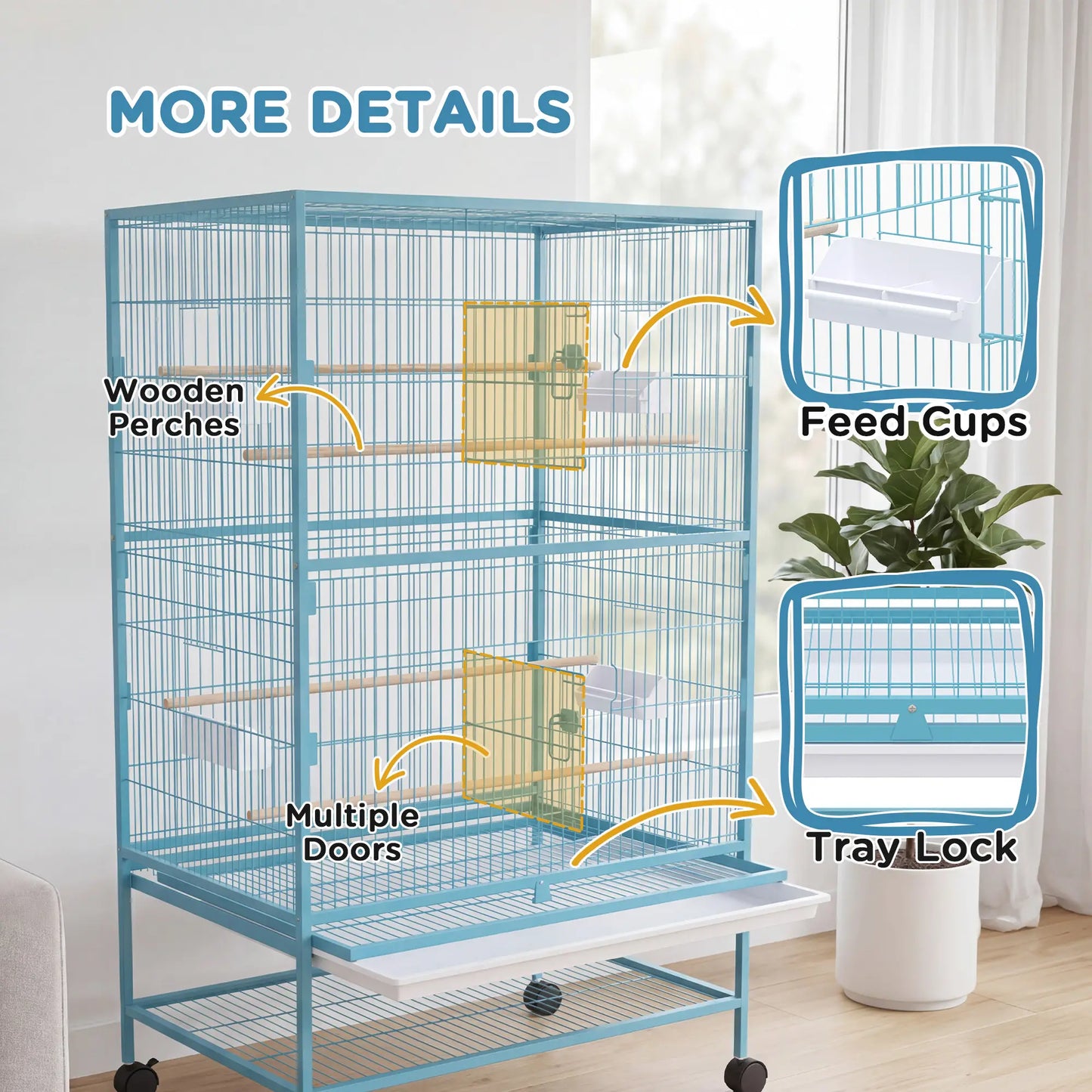 52'' Large Rolling Steel Bird Cage Bird House with Rolling Stand, Storage Shelf, Wood Perch, Food Container, Light Blue Bird Cages at Gallery Canada