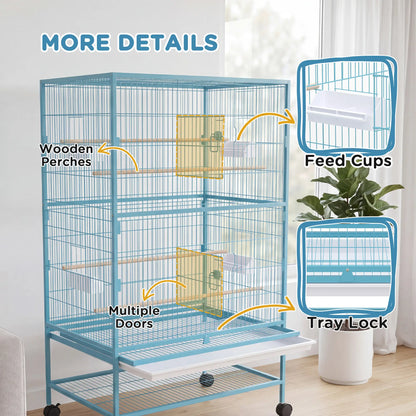 52'' Large Rolling Steel Bird Cage Bird House with Rolling Stand, Storage Shelf, Wood Perch, Food Container, Light Blue Bird Cages at Gallery Canada