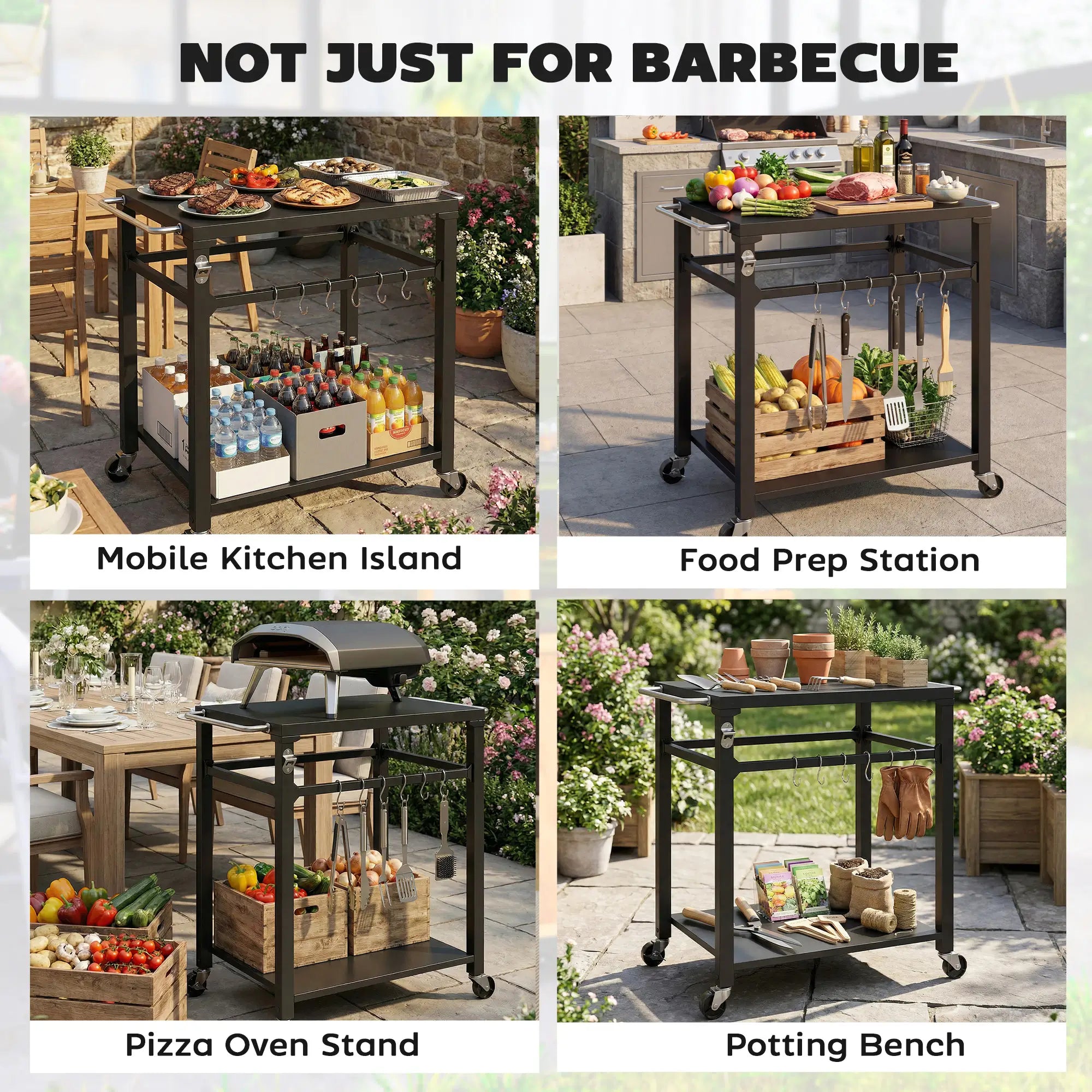 Outdoor Grill Cart, Pizza Oven Stand, 2-Tier Prep Station, Black Outdoor Grill Carts at Gallery Canada