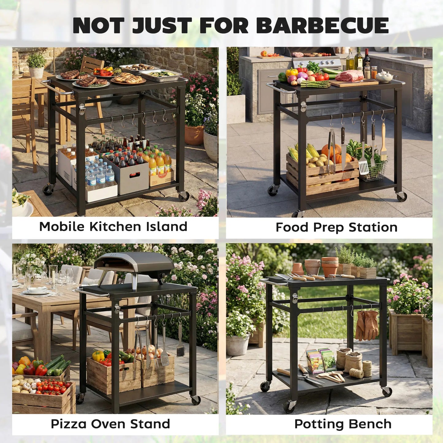 Outdoor Grill Cart, Pizza Oven Stand, 2-Tier Prep Station, Black Outdoor Grill Carts at Gallery Canada