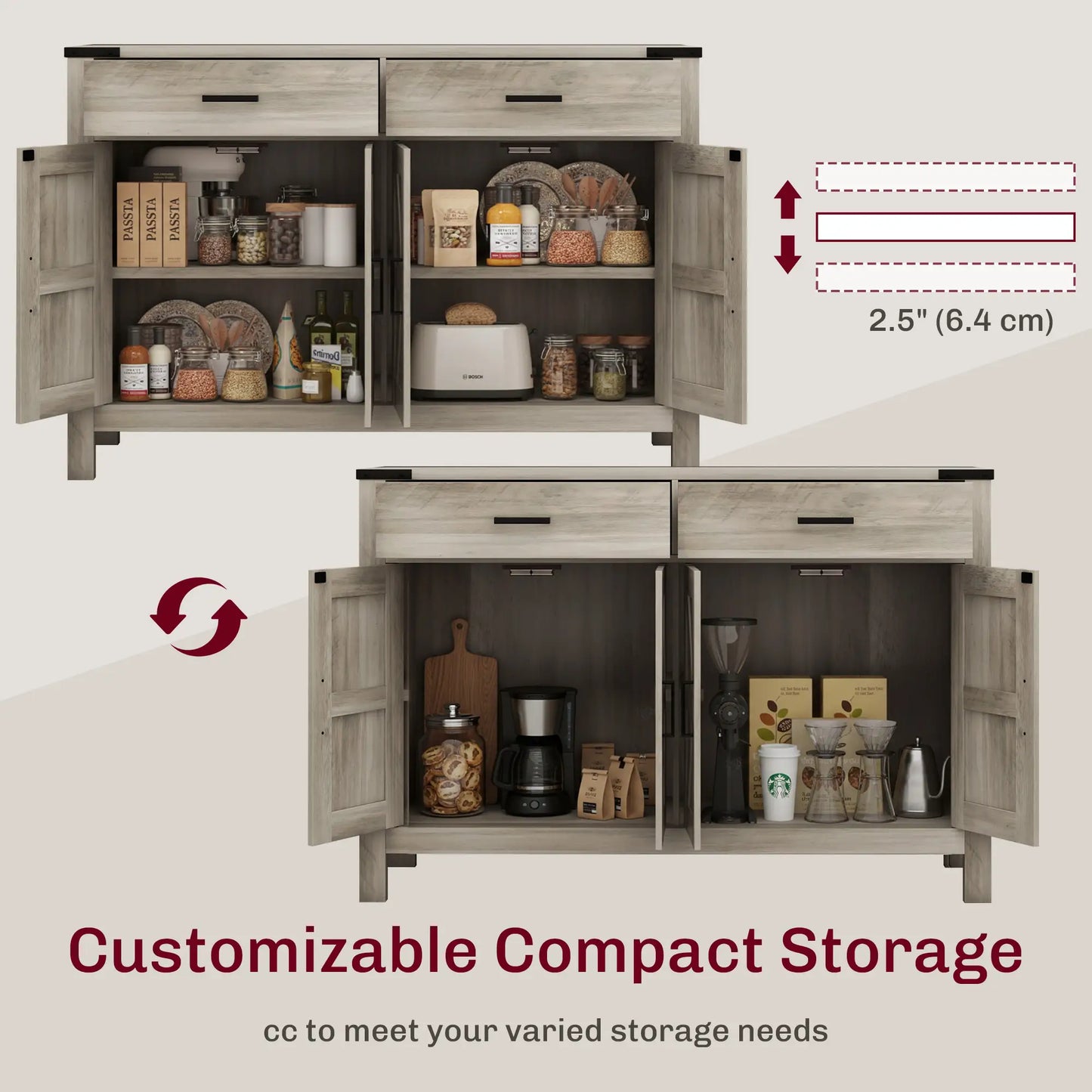 Farmhouse Buffet Cabinet, 2 Drawers, 2 Cabinets, Adjustable Shelves, Grey Bar Cabinets at Gallery Canada
