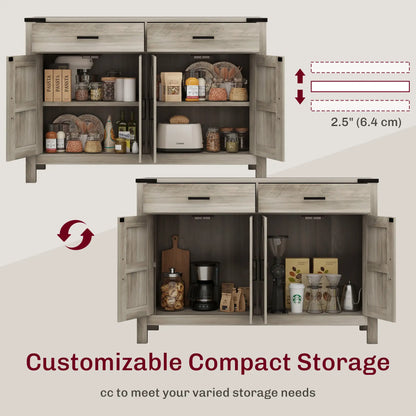 Farmhouse Buffet Cabinet, 2 Drawers, 2 Cabinets, Adjustable Shelves, Grey Bar Cabinets at Gallery Canada