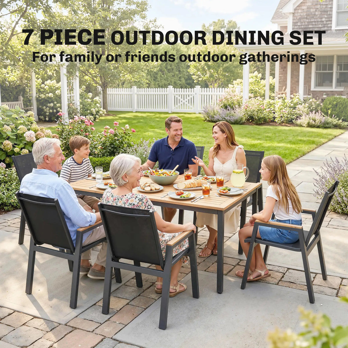 7 Piece Outdoor Dining Set, Rectangle Patio Table, 6 Mesh Chairs
