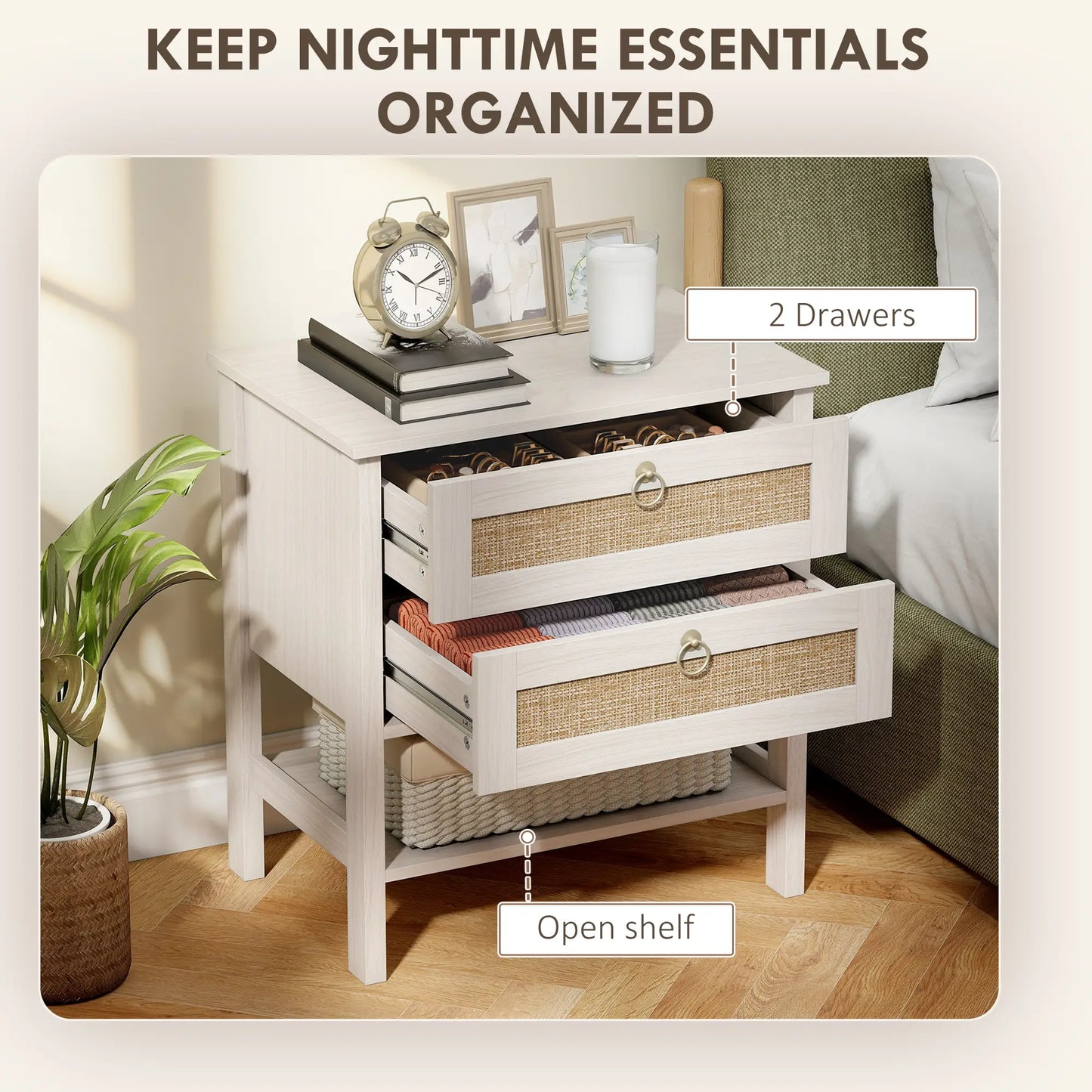 Set Of 2 Rattan Nightstands, 2 Drawers, Storage Shelf, White Oak Bedside Tables at Gallery Canada
