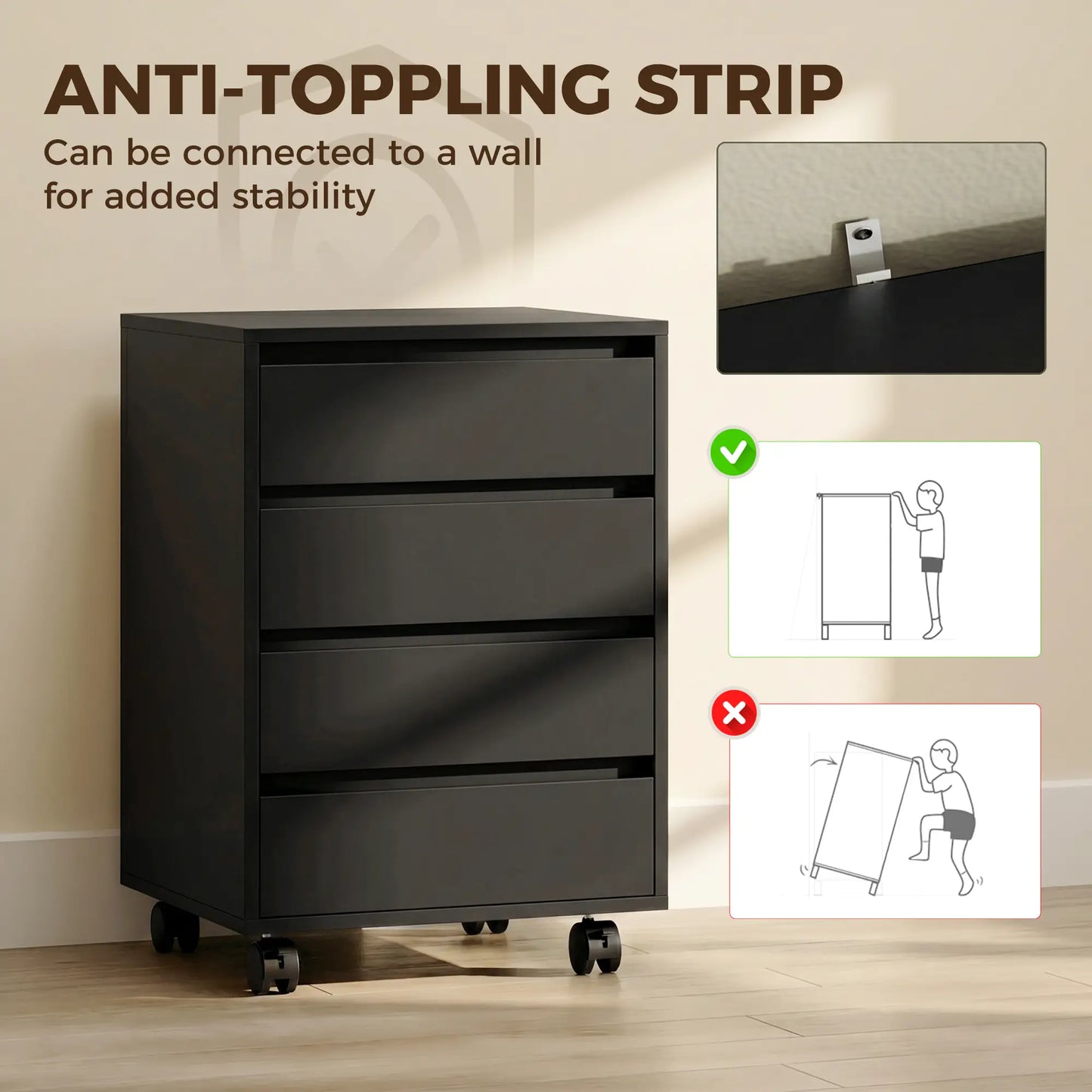 4-Drawer Vertical File Cabinet with Wheels, Black