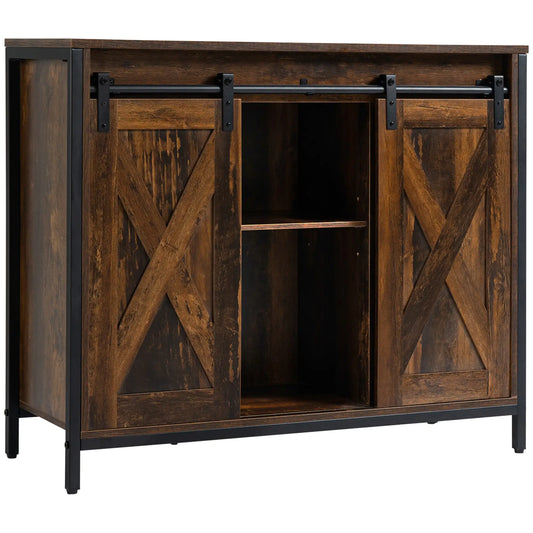 Industrial Sideboard, Buffet Cabinet with Sliding Barn Doors, Rustic Brown, Brown Bar Cabinets Rustic Brown at Gallery Canada