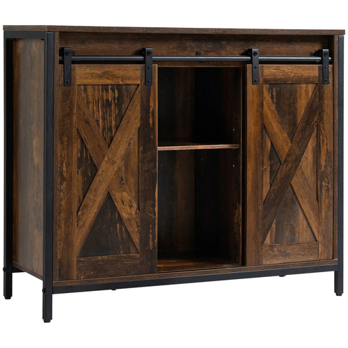 Industrial Sideboard, Buffet Cabinet with Sliding Barn Doors, Rustic Brown, Brown