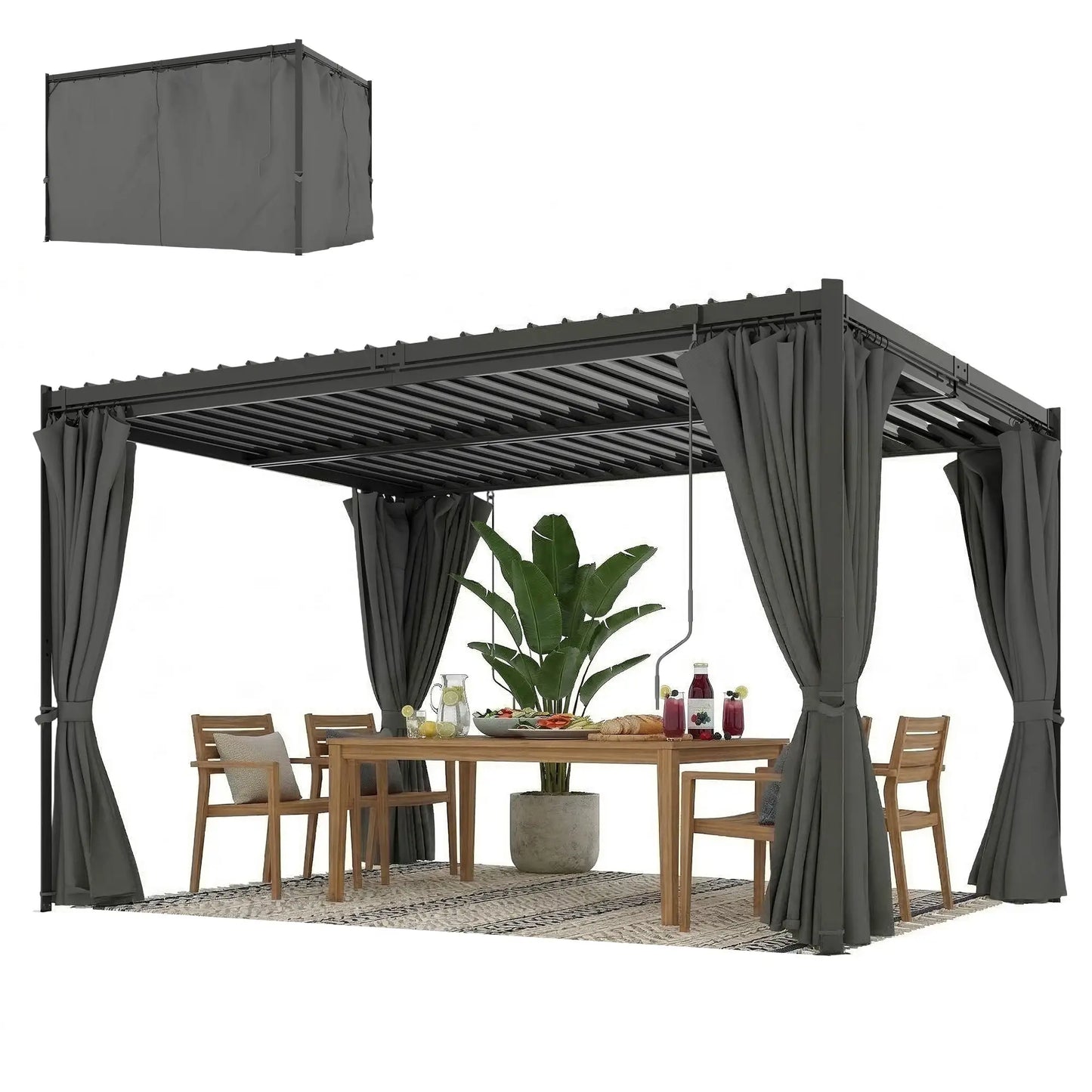 10 x 13 Ft Louvered Pergola With Steel Roof, Curtains, Grey Pergolas Grey at Gallery Canada