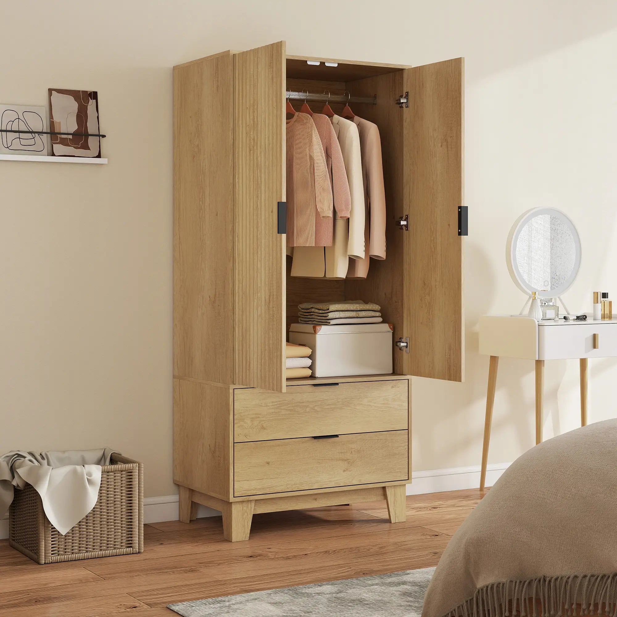 Modern Wardrobe Closet, Freestanding Armoire, 2 Drawers, Hanging Rod, Natural Clothing Storage at Gallery Canada