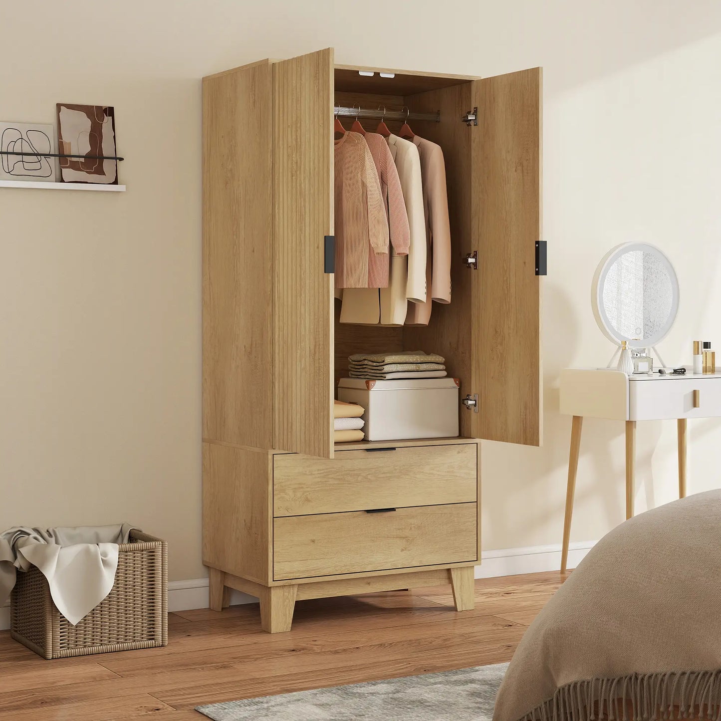 Modern Wardrobe Closet, Freestanding Armoire, 2 Drawers, Hanging Rod, Natural Clothing Storage at Gallery Canada