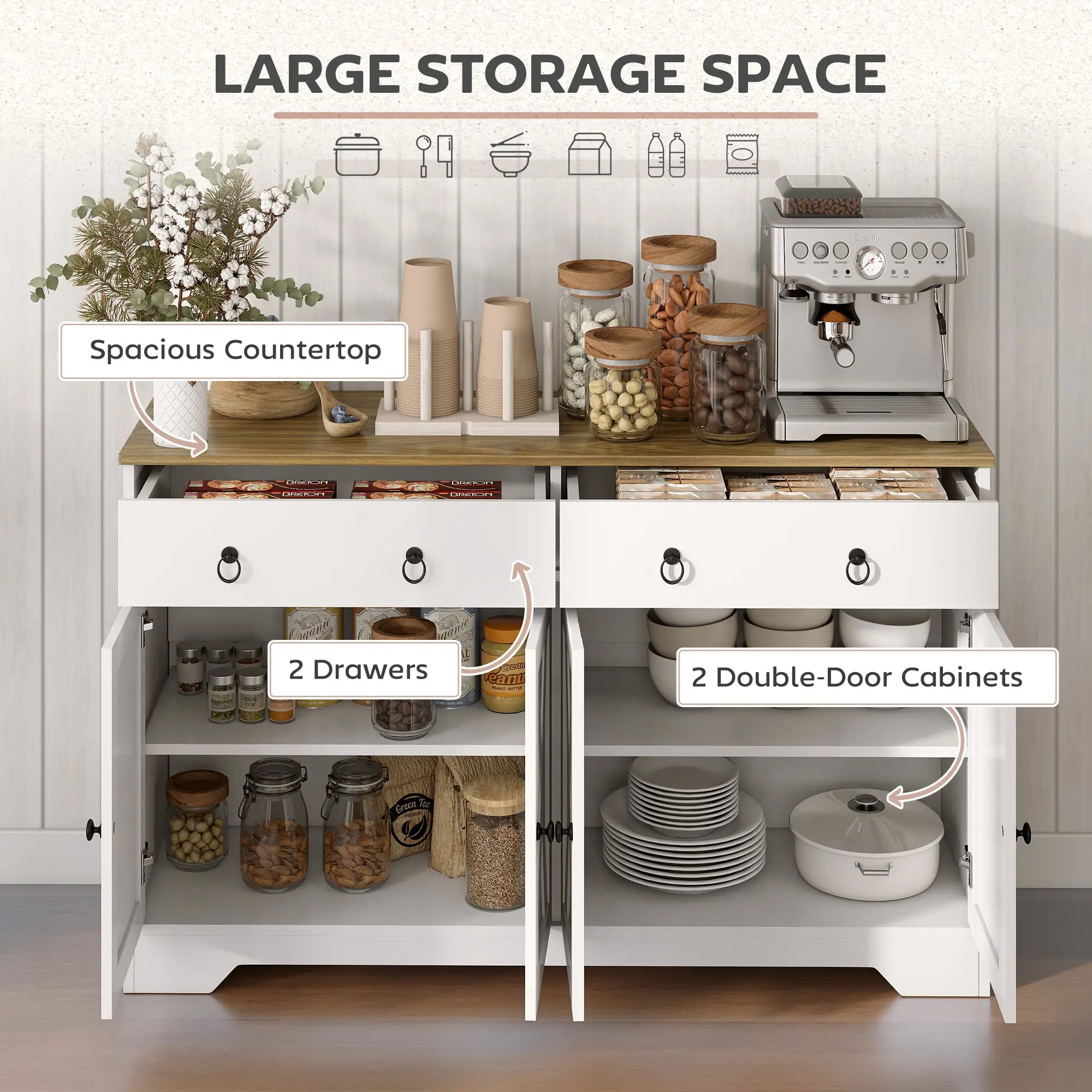 Kitchen Sideboard Cabinet, 2 Drawers, 4 Barn Doors, 2 Adjustable Shelves, White Bar Cabinets at Gallery Canada