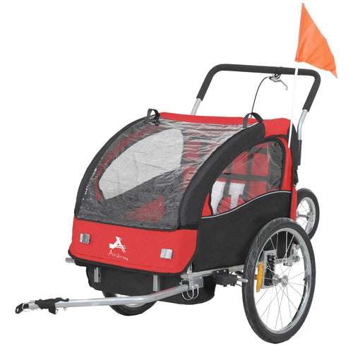 2-in-1 Bike Trailer, Foldable 2-Seat Stroller, 5-Point Harness, Red