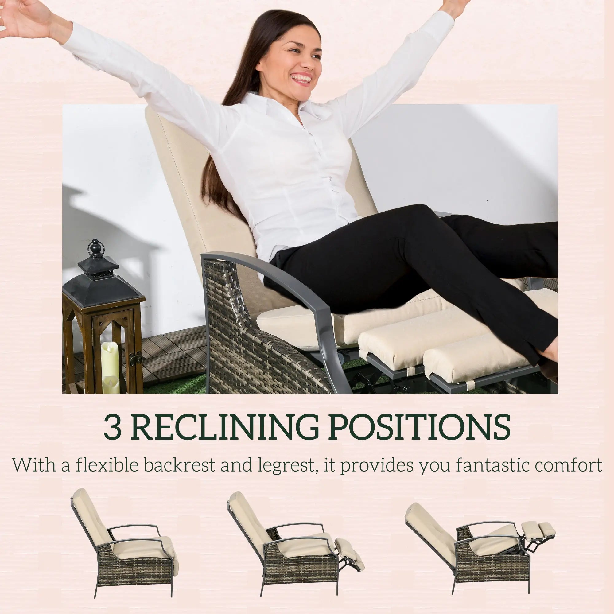 Outdoor Rattan Recliner Chair, Adjustable Back, Retractable Footrest, Khaki Chaise Loungers at Gallery Canada