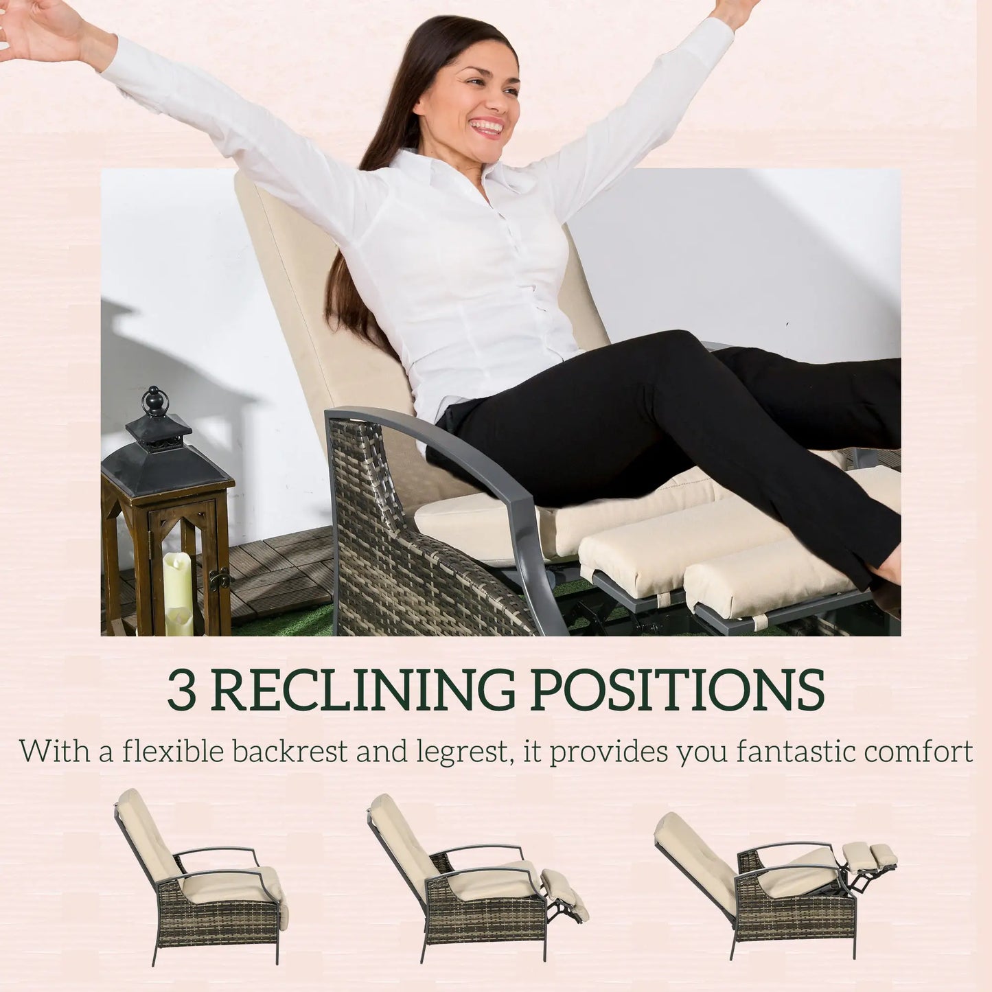 Outdoor Rattan Recliner Chair, Adjustable Back, Retractable Footrest, Khaki Chaise Loungers at Gallery Canada