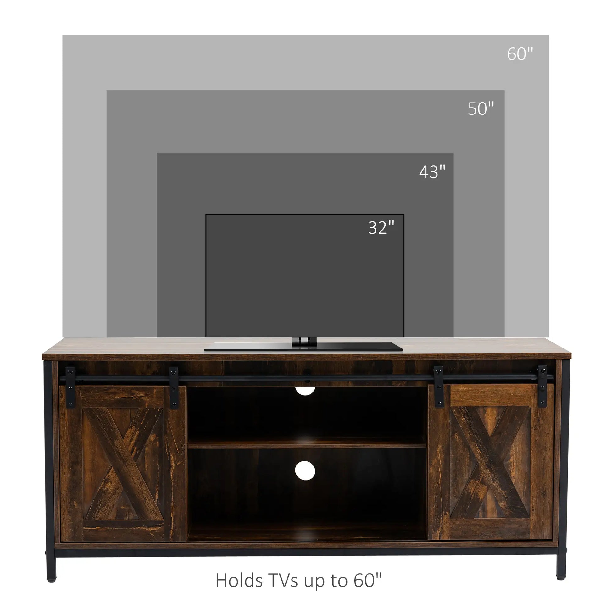 Industrial TV Stand for 60" TVs, Storage Console, 2 Sliding Barn Doors, Brown TV Stands at Gallery Canada